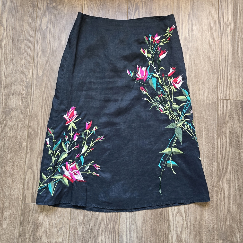 Linen Skirt 8 Black Floral Embroidery Whimsygoth Y2k Boho Summer Cottagecore 90s